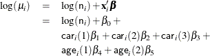 \begin{eqnarray*} \log (\mu _ i) & = & \log ({\Variable{n}}_ i) + \mb{x}_ i^\prime \bbeta \\ & = & \log ({\Variable{n}}_ i) + \beta _{0} + \\ & & {\Variable{car}}_ i(1)\beta _{1} + {\Variable{car}}_ i(2)\beta _{2} + {\Variable{car}}_ i(3)\beta _{3} + \\ & & {\Variable{age}}_ i(1)\beta _{4} + {\Variable{age}}_ i(2)\beta _{5} \end{eqnarray*}