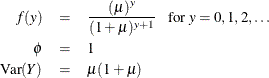 \begin{eqnarray*} f(y) & = & \frac{(\mu )^ y}{(1+\mu )^{y+1}}~ ~ ~ \mbox{for } y = 0,1,2,\ldots \\ \phi & = & 1 \\ \mr{Var}(Y) & = & \mu (1+\mu ) \\ \end{eqnarray*}