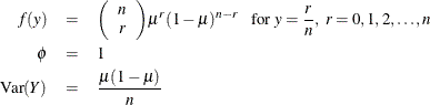 \begin{eqnarray*} f(y) & = & {\left( \begin{array}{c}n \cr r\end{array}\right) } \mu ^ r (1-\mu )^{n-r}~ ~ ~ \mbox{for } y=\frac{r}{n}, ~ r=0,1, 2,\ldots ,n \\ \phi & = & 1 \\ \mr{Var}(Y) & = & \frac{\mu (1-\mu )}{n} \\ \end{eqnarray*}