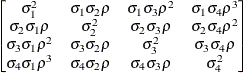 $ \begin{bmatrix}  \sigma _{1}^{2}   &  \sigma _{1}\sigma _{2}\rho   &  \sigma _{1}\sigma _{3}\rho ^{2}   &  \sigma _{1}\sigma _{4}\rho ^{3}   \\ \sigma _{2}\sigma _{1}\rho   &  \sigma _{2}^{2}   &  \sigma _{2}\sigma _{3}\rho   &  \sigma _{2}\sigma _{4}\rho ^{2}   \\ \sigma _{3}\sigma _{1}\rho ^{2}   &  \sigma _{3}\sigma _{2}\rho   &  \sigma _{3}^{2}   &  \sigma _{3}\sigma _{4}\rho   \\ \sigma _{4}\sigma _{1}\rho ^{3}   &  \sigma _{4}\sigma _{2}\rho   &  \sigma _{4}\sigma _{3}\rho   &  \sigma _{4}^{2}   \end{bmatrix} $