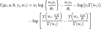 \begin{align*} l(\mu _ i; a, b, y_ i, w_ i) & = w_ i\log \left\{ \frac{w_ iy_ i}{\mu _ i}\right\} - \frac{w_ iy_ i}{\mu _ i} - \log \{ y_ i \Gamma (w_ i)\} \\ & - \log \left[ \frac{\gamma \left(w_ i, \frac{w_ i b}{\mu _ i} \right)}{\Gamma (w_ i)} - \frac{\gamma \left(w_ i, \frac{w_ i a}{\mu _ i} \right)}{\Gamma (w_ i)} \right] \end{align*}