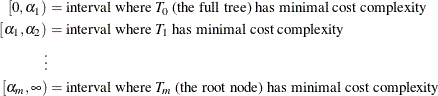 \begin{align*} {[}0, \alpha _1) & = \mbox{interval where } T_0 \mbox{ (the full tree) has minimal cost complexity}\\ {[}\alpha _1, \alpha _2) & = \mbox{interval where } T_1 \mbox{ has minimal cost complexity}\\ \vdots & \\ {[}\alpha _ m, \infty ) & = \mbox{interval where } T_ m \mbox{ (the root node) has minimal cost complexity} \end{align*}