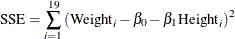 \[ \mr{SSE} = \sum _{i=1}^{19} \left(\mr{Weight}_ i - \beta _0 - \beta _1 \mr{Height}_ i\right)^2 \]