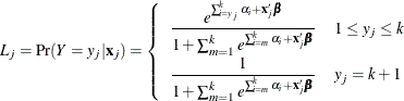 \[ L_{j} = {\Pr }({Y}=y_ j|\mb{x}_ j) = \left\{ \begin{array}{ll} \displaystyle \frac{{e}^{\sum _{i=y_ j}^ k{\alpha _{i}+\mb{x}_ j’\bbeta }}}{1+\sum _{m=1}^ k {e}^{\sum _{i=m}^ k{\alpha _{i}+\mb{x}_ j’\bbeta }}} & 1\le y_ j\le k \\ \displaystyle \rule{0mm}{1.5em}\frac{1}{1+\sum _{m=1}^ k {e}^{\sum _{i=m}^ k{\alpha _{i}+\mb{x}_ j’\bbeta }}} & y_ j=k+1 \end{array}\right. \]