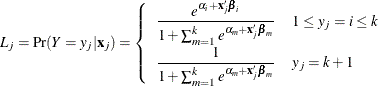 \[ L_ j = {\Pr }({Y}=y_ j|\mb{x}_ j) = \left\{ \begin{array}{ll} \displaystyle \frac{{e}^{\alpha _{i}+\mb{x}_ j'\bbeta _{i}}}{1+\sum _{m=1}^{k} {e}^{\alpha _{m}+\mb{x}_ j' \bbeta _{m}}} & 1\le y_ j=i\le k \\ \displaystyle \rule{0mm}{1.5em}\frac{1}{1+\sum _{m=1}^{k} {e}^{\alpha _{m}+\mb{x}_ j' \bbeta _{m}}} & y_ j=k+1 \end{array} \right. \]