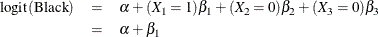 \begin{eqnarray*} \mbox{logit}(\mbox{Black}) & =& \alpha + (X_1=1) \beta _1 + (X_2=0) \beta _2 + (X_3=0) \beta _3 \\ & =& \alpha + \beta _1 \end{eqnarray*}