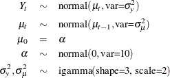 \begin{eqnarray*} Y_ t & \sim & \mbox{normal}(\mu _ t, \mbox{var=} \sigma _ y^2) \\ \mu _ t & \sim & \mbox{normal}(\mu _{t-1}, \mbox{var=} \sigma _{\mu }^2) \\ \mu _0 & =& \alpha \\ \alpha & \sim & \mbox{normal}(0, \mbox{var=} 10) \\ \sigma _ y^2, \sigma _{\mu }^2 & \sim & \mbox{igamma}(\mbox{shape=3, scale=2}) \end{eqnarray*}