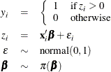 \begin{eqnarray*} y_ i & =& \left\{ \begin{array}{ll} 1 & \mbox{if } z_ i > 0 \\ 0 & \mbox{otherwise} \\ \end{array} \right. \\ z_ i & =& \mb{x}_ i^{\prime }\bbeta + \epsilon _ i \\ \epsilon & \sim & \mbox{normal}(0, 1) \\ \bbeta & \sim & \pi (\bbeta ) \end{eqnarray*}