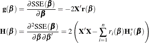 \begin{align*} \mb{g}(\bbeta ) & = \frac{\partial \mr{SSE}(\bbeta )}{\partial \bbeta } = -2 \mb{X}^\prime \mb{r}(\bbeta ) \\ \mb{H}(\bbeta ) & = \frac{\partial ^2\mr{SSE}(\bbeta )}{\partial \bbeta \partial \bbeta ^{\prime }} = 2 \left( \mb{X}^\prime \mb{X} - \sum _{i=1}^ n r_ i(\bbeta ) \mb{H}^*_ i(\bbeta ) \right) \\ \end{align*}