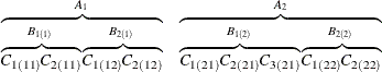 \[ \begin{array}{c c} \overbrace{\overbrace{C_{1(11)} C_{2(11)}}^{B_{1(1)}} \overbrace{C_{1(12)} C_{2(12)}}^{B_{2(1)}}}^{A_1} & \overbrace{\overbrace{C_{1(21)} C_{2(21)} C_{3(21)}}^{B_{1(2)}} \overbrace{C_{1(22)} C_{2(22)}}^{B_{2(2)}}}^{A_2} \end{array} \]