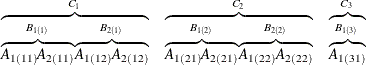 \[ \begin{array}{c c c} \overbrace{\overbrace{A_{1(11)} A_{2(11)}}^{B_{1(1)}} \overbrace{A_{1(12)} A_{2(12)}}^{B_{2(1)}}}^{C_1} & \overbrace{\overbrace{A_{1(21)} A_{2(21)}}^{B_{1(2)}} \overbrace{A_{1(22)} A_{2(22)}}^{B_{2(2)}}}^{C_2} & \overbrace{\overbrace{A_{1(31)}}^{B_{1(3)}}}^{C_3} \end{array} \]