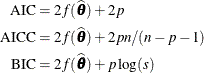\begin{align*} \mbox{AIC} & = 2f(\widehat{\btheta }) + 2p \\ \mbox{AICC} & = 2f(\widehat{\btheta }) + 2pn/(n-p-1) \\ \mbox{BIC} & = 2f(\widehat{\btheta }) + p \log (s) \end{align*}