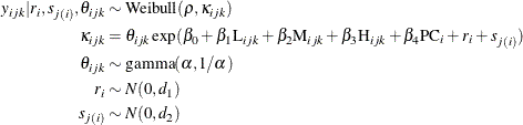 \begin{align*} y_{ijk}|r_ i,s_{j(i)},\theta _{ijk} & \sim \mbox{Weibull}(\rho ,\kappa _{ijk})\\ \kappa _{ijk} & = \theta _{ijk} \exp (\beta _0 + \beta _1 \mr{L}_{ijk} + \beta _2 \mr{M}_{ijk} + \beta _3 \mr{H}_{ijk} + \beta _4\mr{PC}_ i + r_ i + s_{j(i)}) \\ \theta _{ijk} & \sim \mbox{gamma}(\alpha , 1/\alpha ) \\ r_ i & \sim N(0,d_1) \\ s_{j(i)} & \sim N(0,d_2) \end{align*}