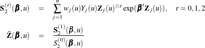 \begin{eqnarray*} \bS _2^{(r)}(\bbeta ,u) & =& \sum _{j=1}^ n w_ j(u)Y_ j(u)\bZ _ j(u)^{\otimes r}\exp (\bbeta ’\bZ _ j(u)), \mbox{~ ~ } r=0,1,2 \\ \bar{\bZ }(\bbeta ,u) & =& \frac{\bS _2^{(1)}(\bbeta ,u)}{S_2^{(0)}(\bbeta ,u)} \end{eqnarray*}