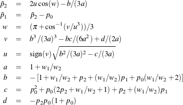 \begin{eqnarray*} \tilde{p}_2 & = & 2 u \cos (w) - b/(3a) \\ \tilde{p}_1 & = & \tilde{p}_2 - p_0 \\ w & = & ( \pi + \cos ^{-1}(v / u^3) ) / 3 \\ v & = & b^3 / (3a)^3 - bc/(6a^2) + d/(2a) \\ u & = & \mr{sign}(v) \sqrt {b^2 / (3a)^2 - c/(3a)} \\ a & = & 1 + w_1/w_2 \\ b & = & - \left[ 1 + w_1/w_2 + p_2 + (w_1/w_2) p_1 + p_0(w_1/w_2 + 2) \right] \\ c & = & p_0^2 + p_0 (2 p_2 + w_1/w_2 + 1) + p_2 + (w_1/w_2) p_1 \\ d & = & -p_2 p_0 (1 + p_0) \\ \end{eqnarray*}