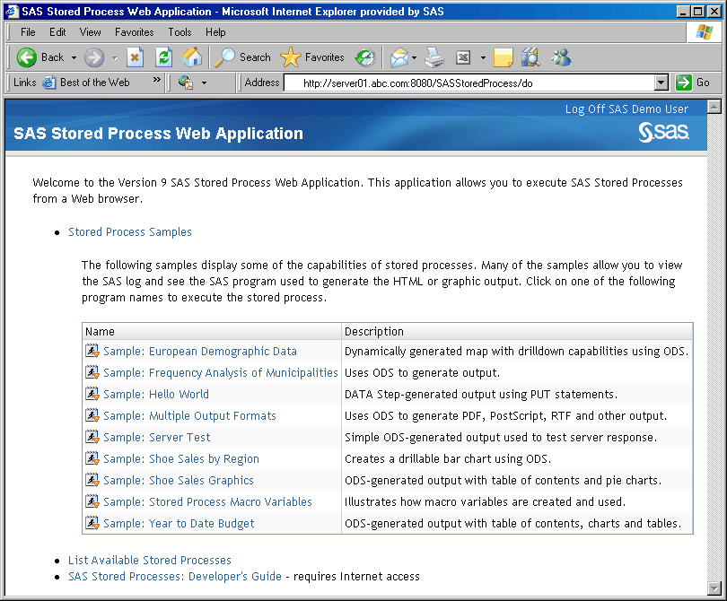 [Stored Process Web Application welcome page]