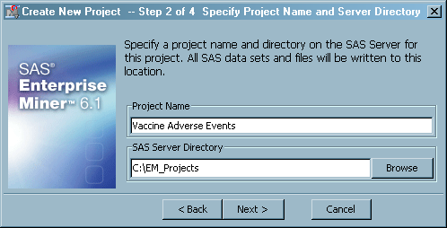 Specify Project Name and Server Directory window