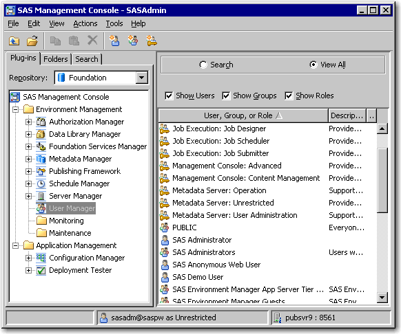SAS Management Console User Manager Window