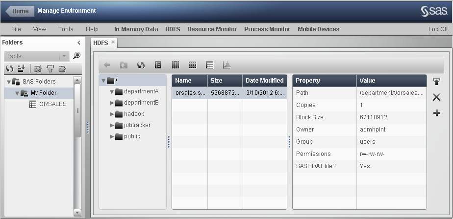 SAS Visual Analytics data preparation interface with the HDFS content explorer