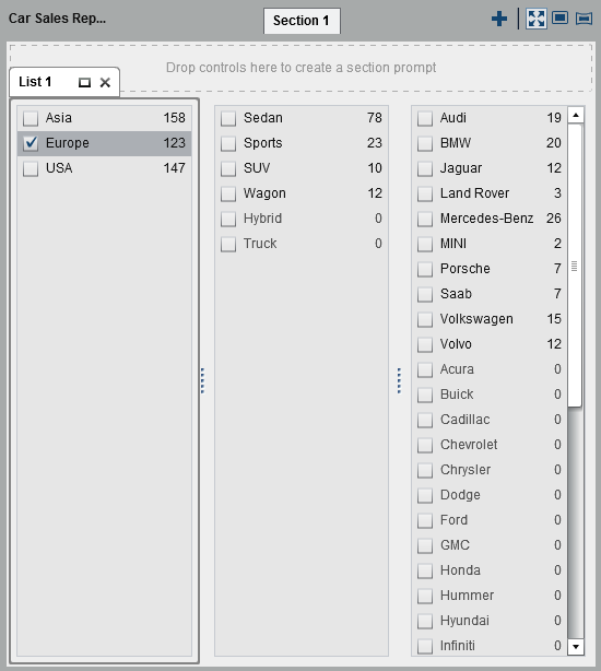 Example: Three List Controls in a Report with One Brush Interaction