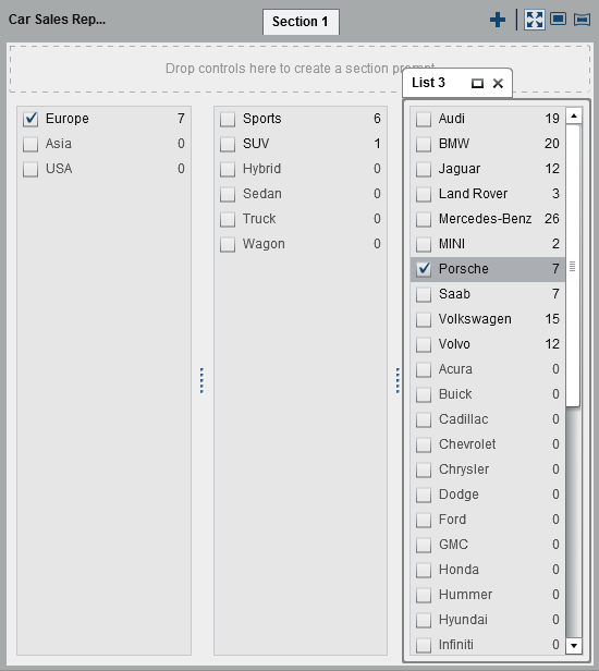 Example: Three List Controls in a Report with Two Brush Interactions