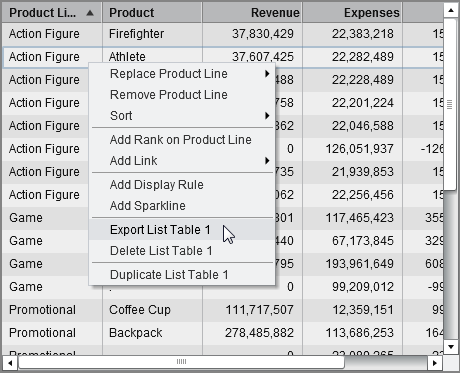Export Menu for List Tables