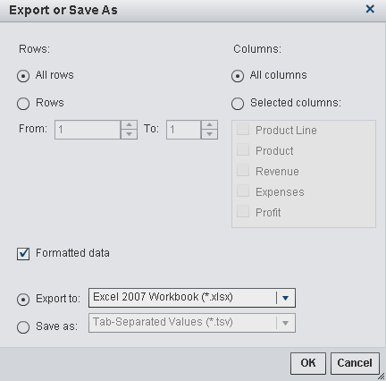 Export or Save As Window for List Tables
