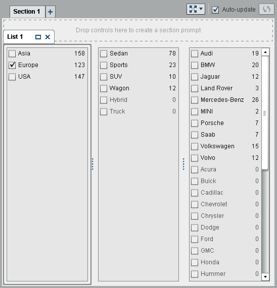 Example: Three List Controls in a Report with One Brush Interaction