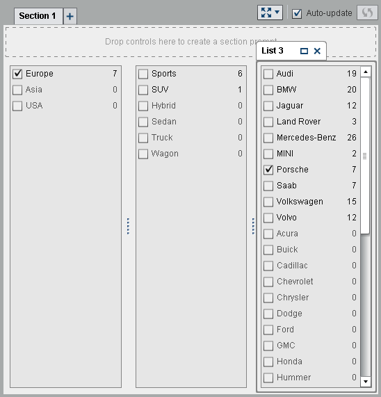 Example: Three List Controls in a Report with Two Brush Interactions