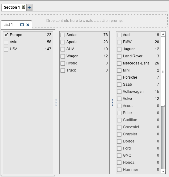 Example: Three List Controls in a Report with One Brush Interaction