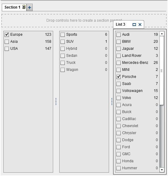 Example: Three List Controls in a Report with Two Brush Interactions