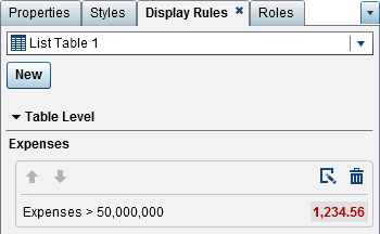 Display Rules Tab with the Display Rules for an Expression in a List Table