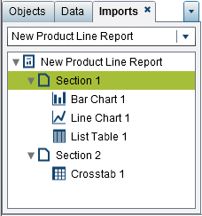 Imports Tab with a List of Report Name, Sections, and Report Objects