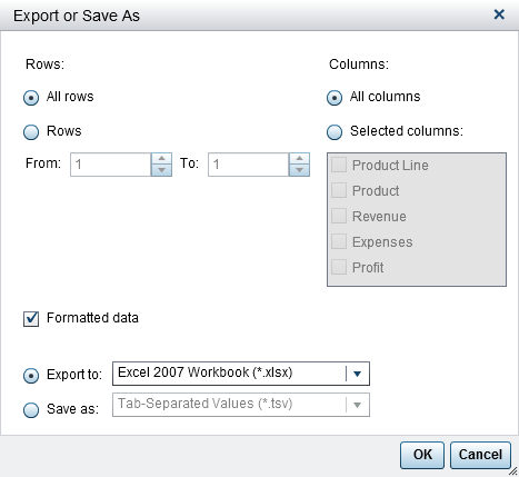 Export or Save As Window for List Tables