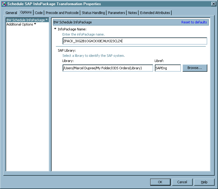 Schedule SAP InfoPackage Transformation Options Tab 