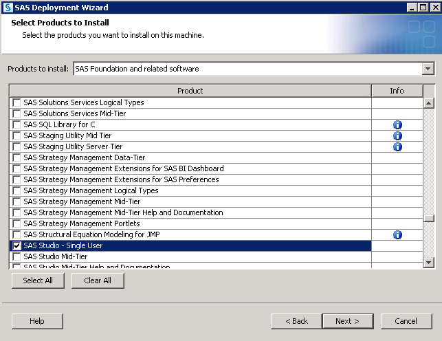 Select Products to Install Step in the SAS Deployment Wizard