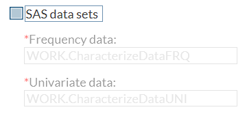 SAS data sets check box is not selected, so the Frequency data and Univariate data text boxes are dimmed