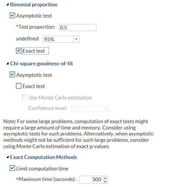 The Exact test and Limit computation time check boxes are selected, so the Maximum time (seconds) option is available