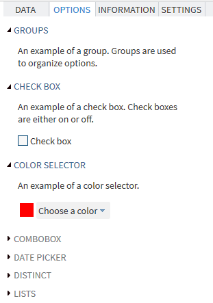 Groups, Check Boxes, and Color Selector in the task template