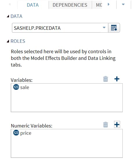sale and price Variables Assigned to Roles on the Data Tab