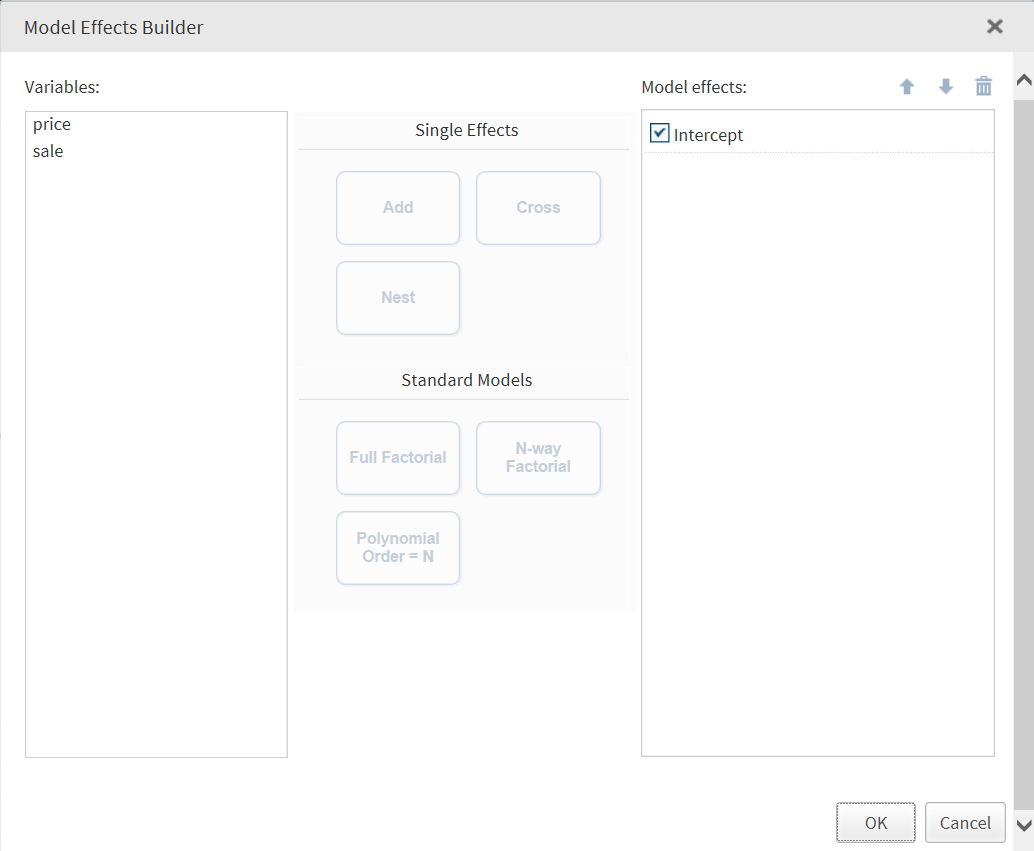 price and sale in the Variables Pane in the Model Effects Builder