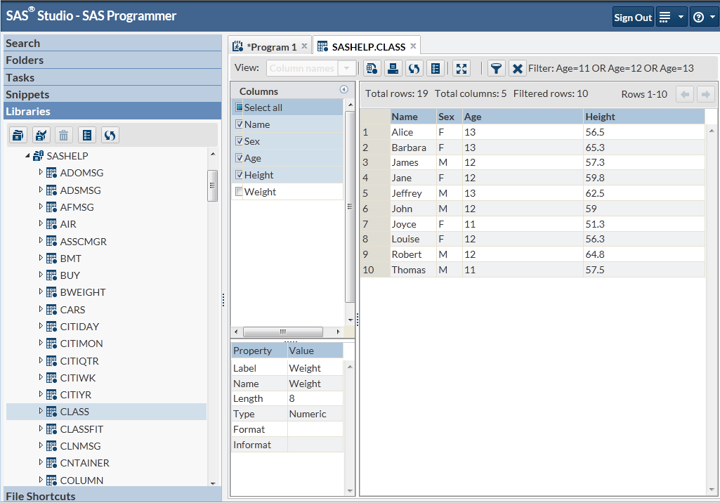 Table Viewer with the CLASS Table Filtered