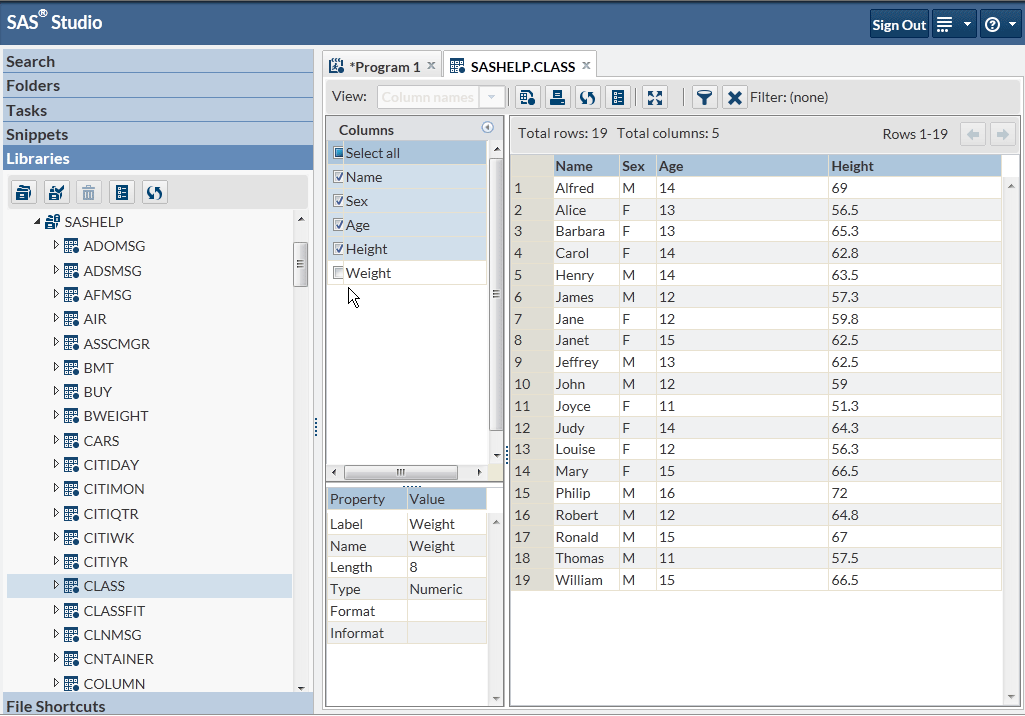 Table Viewer That Shows the CLASS Table with the Weight Column Removed