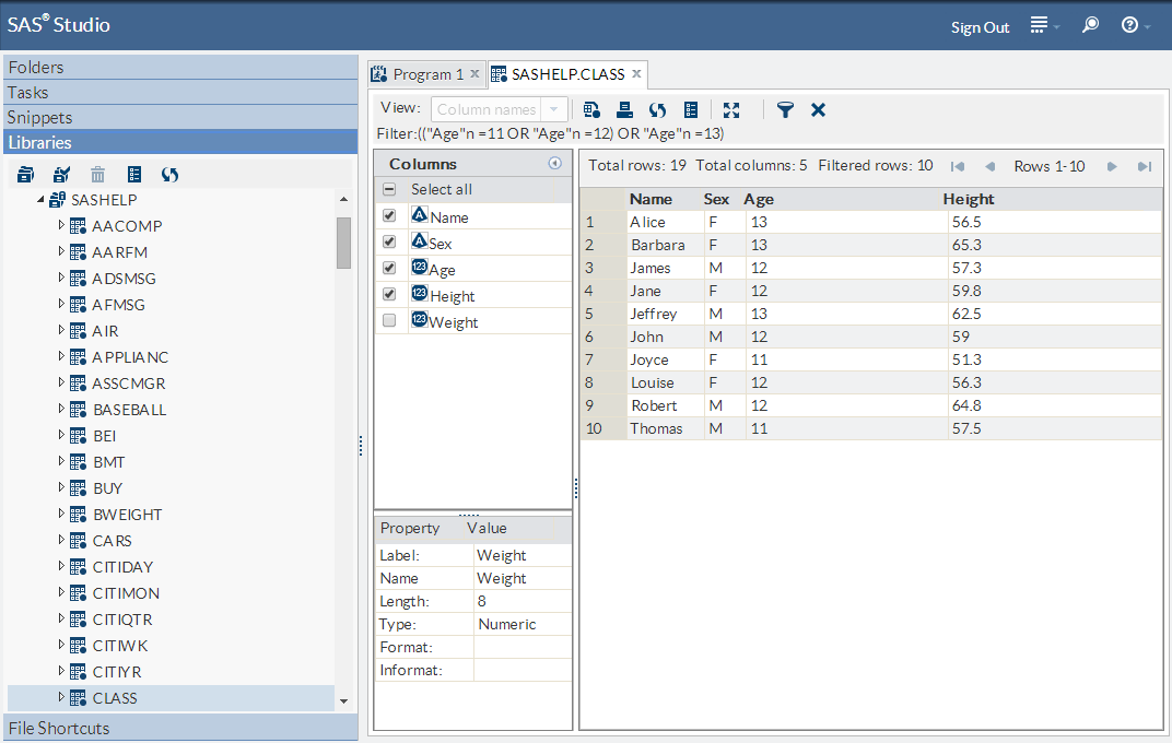 Table Viewer with the CLASS Table Filtered