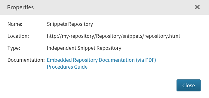 Properties Window for the Snippets Repository