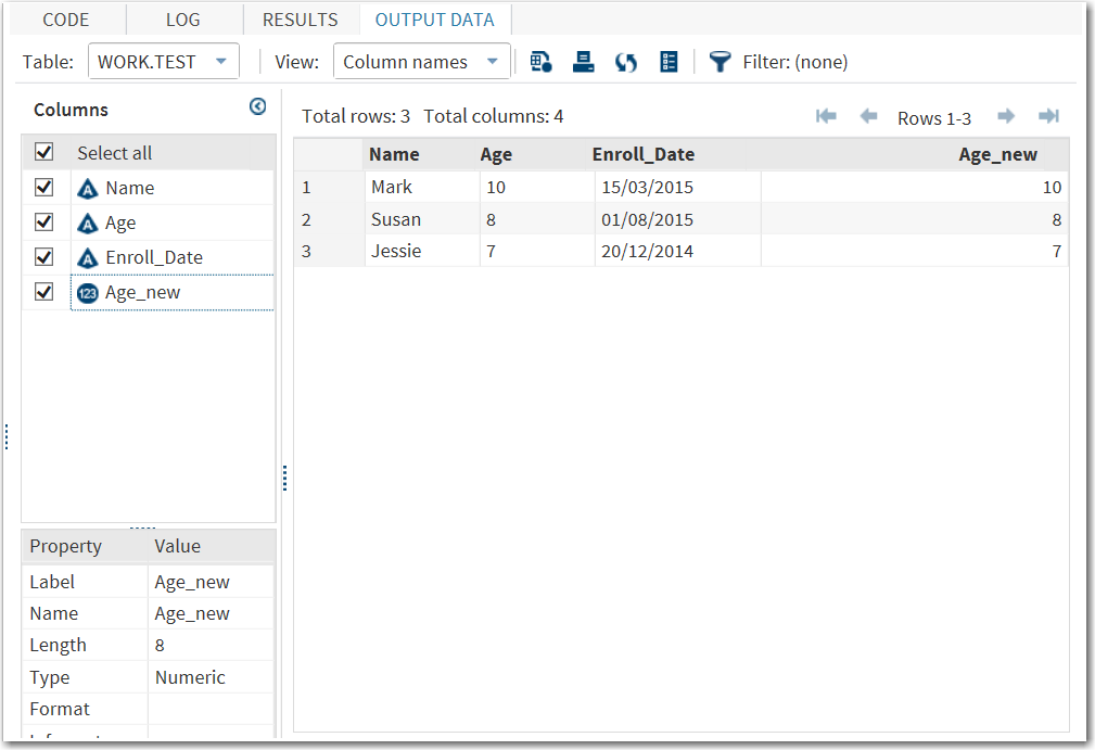 Output Data Set for Numeric Variable