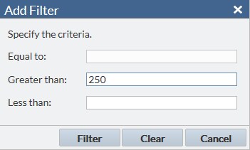 Example of the Add Filter Window for a Numeric Column