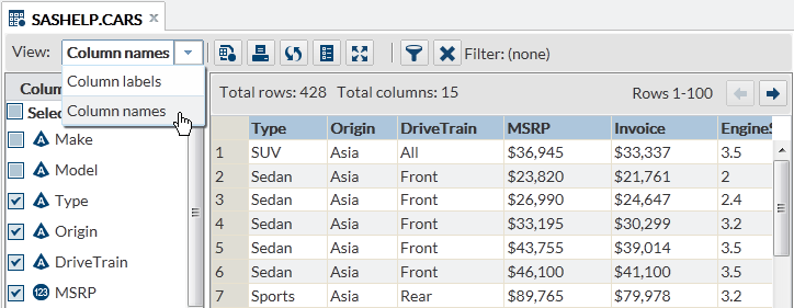 View Drop-down List in the Table Viewer