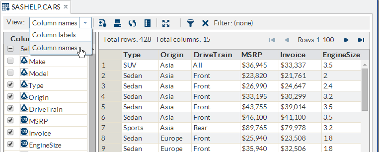 View Drop-down List in the Table Viewer