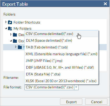 Export Table Window with File Formats